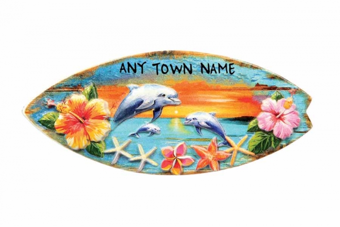 Surfboard & Dolphins Magnet - Town Named