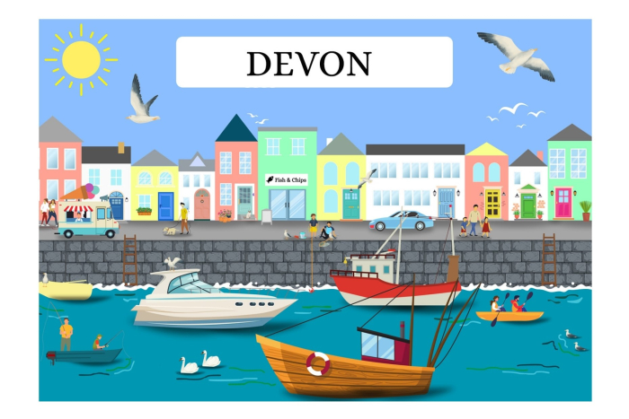 Harbourside Souvenir Tea Towel - Devon