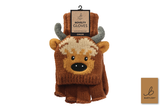 Childs Highland Cow Gloves, Half Finger
