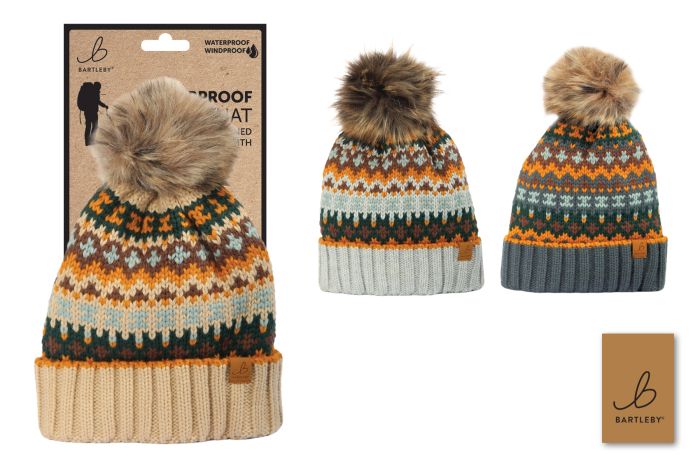 Ladies Waterproof Bobble Hat, Patterned