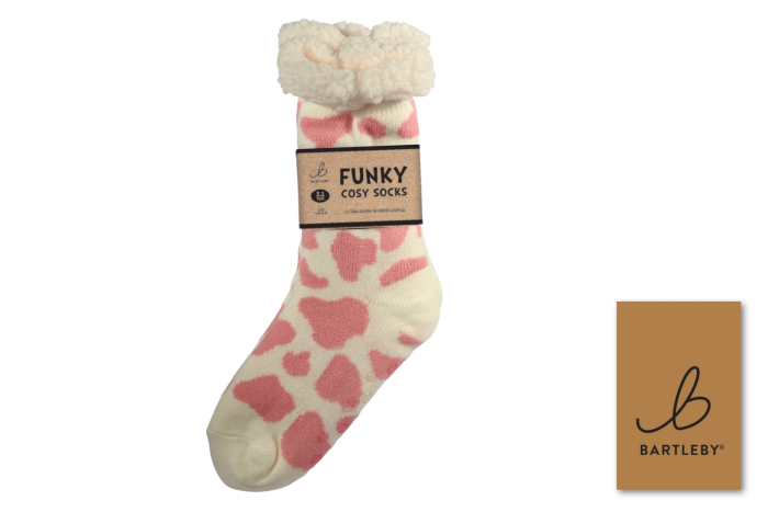 Ladies Sherpa Socks - Pink Cow Print