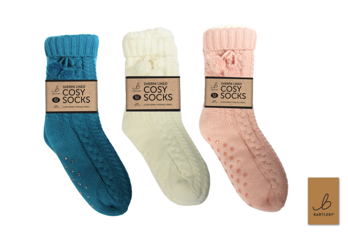 Ladies Sherpa Socks - Cable Knit, Pom Poms