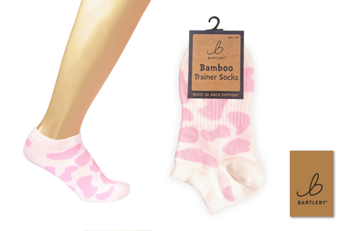 Ladies Bamboo Trainer Socks - Pink Cow Print