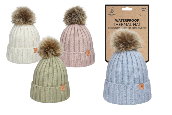 Girls Waterproof Bobble Hat, Ribbed