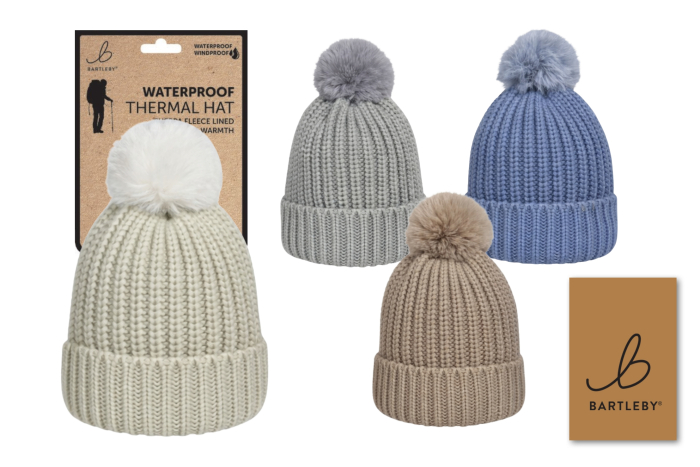 Ladies Waterproof Bobble Hat, Chunky Rib