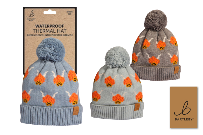Childs Waterproof Bobble Hat - Highland Cow