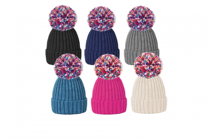 Ladies Ribbed Knit Bobble Hat